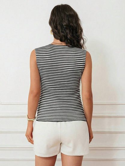 Maternity V-Neck Single-Breasted Striped Tank Top Slim Fit Baby Blue Knitted Sleeveless Shirt for Casual Street Style