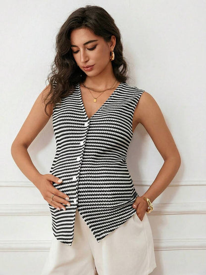 Maternity V-Neck Single-Breasted Striped Tank Top Slim Fit Baby Blue Knitted Sleeveless Shirt for Casual Street Style