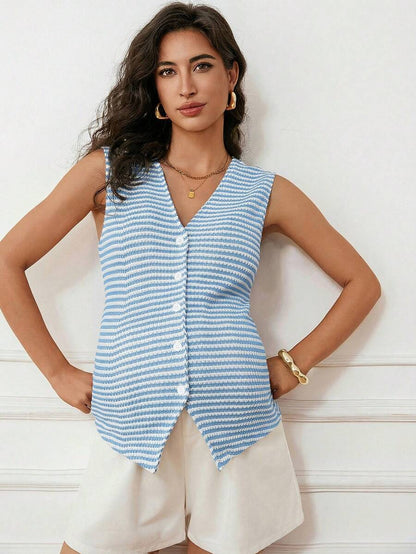 Maternity V-Neck Single-Breasted Striped Tank Top Slim Fit Baby Blue Knitted Sleeveless Shirt for Casual Street Style