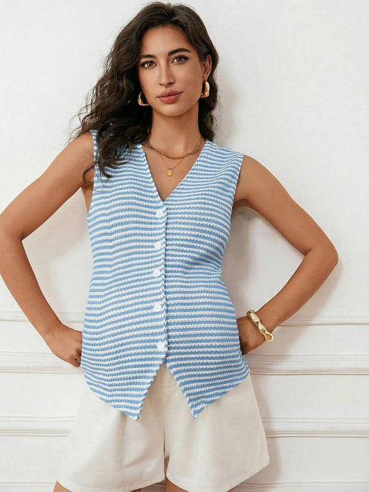 Maternity V-Neck Single-Breasted Striped Tank Top Slim Fit Baby Blue Knitted Sleeveless Shirt for Casual Street Style