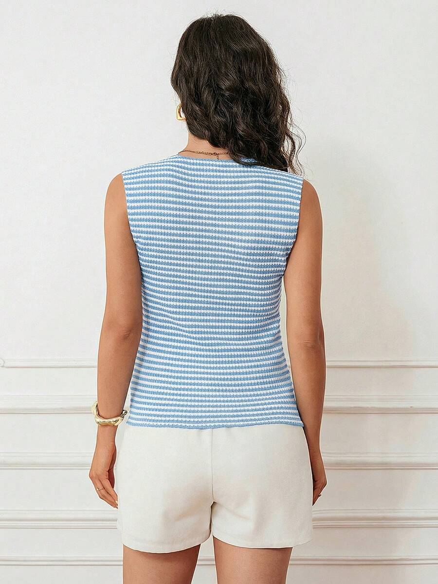 Maternity V-Neck Single-Breasted Striped Tank Top Slim Fit Baby Blue Knitted Sleeveless Shirt for Casual Street Style