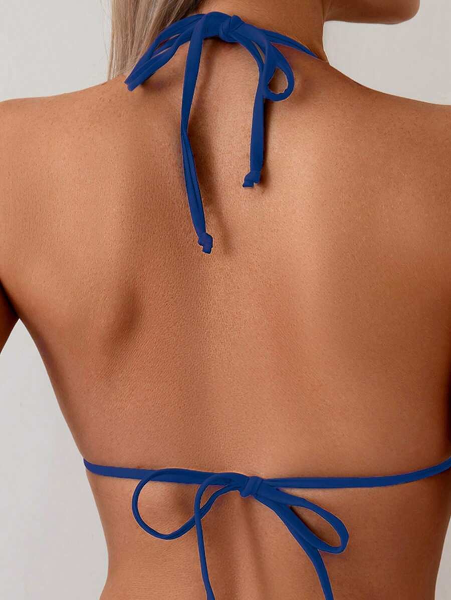 Women's 2-Piece Halter Bikini Set - Wave Ruffle, Metal Pendant, Tie Back, Black