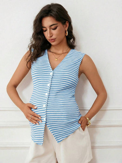 Maternity V-Neck Single-Breasted Striped Tank Top Slim Fit Baby Blue Knitted Sleeveless Shirt for Casual Street Style