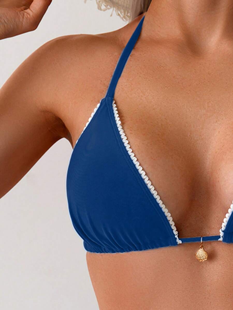 Women's 2-Piece Halter Bikini Set - Wave Ruffle, Metal Pendant, Tie Back, Black