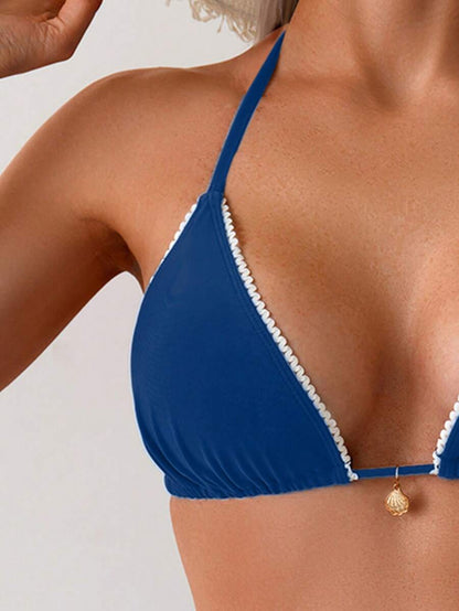 Women's 2-Piece Halter Bikini Set - Wave Ruffle, Metal Pendant, Tie Back, Black