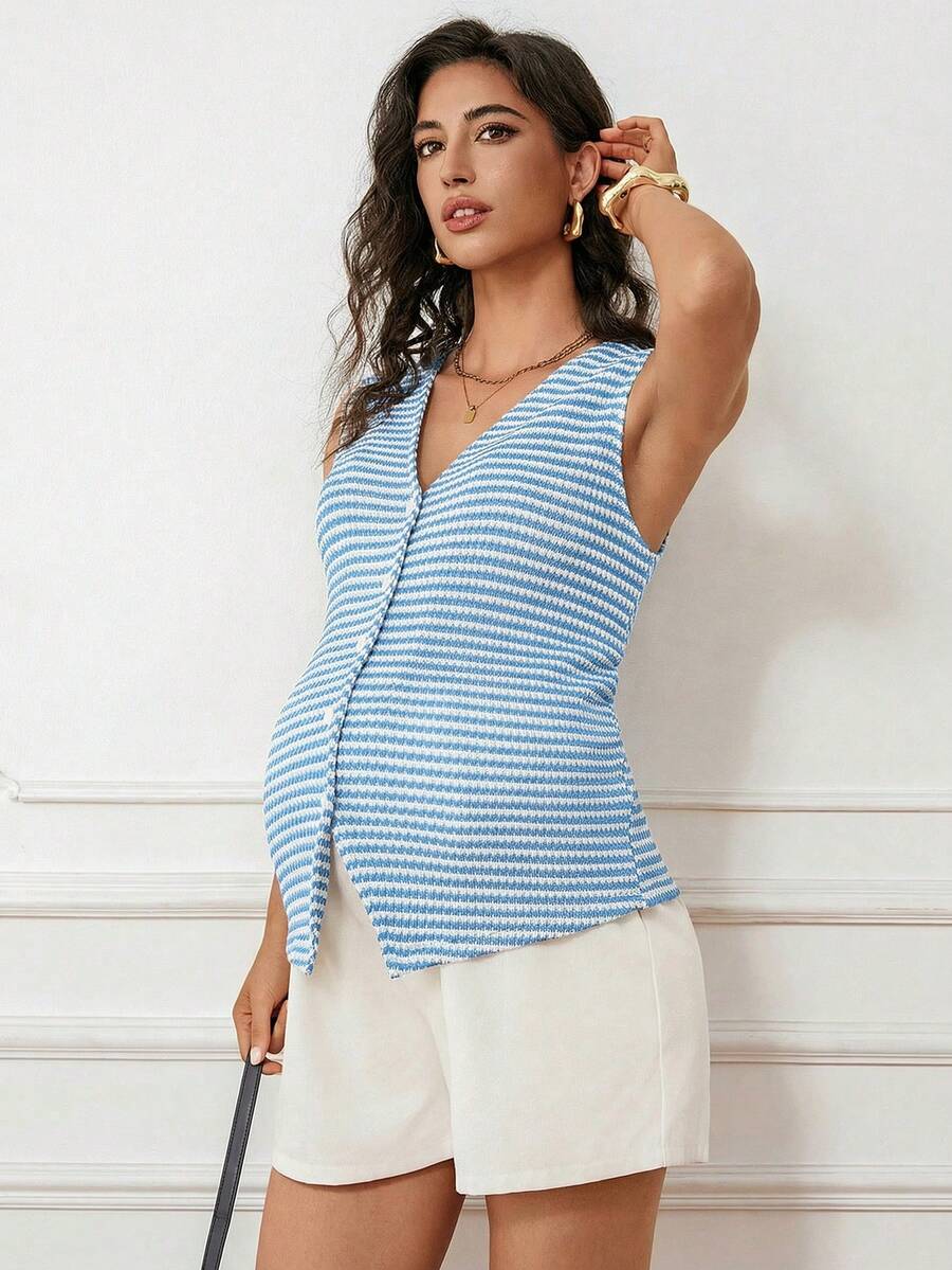 Maternity V-Neck Single-Breasted Striped Tank Top Slim Fit Baby Blue Knitted Sleeveless Shirt for Casual Street Style