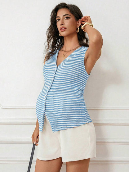 Maternity V-Neck Single-Breasted Striped Tank Top Slim Fit Baby Blue Knitted Sleeveless Shirt for Casual Street Style