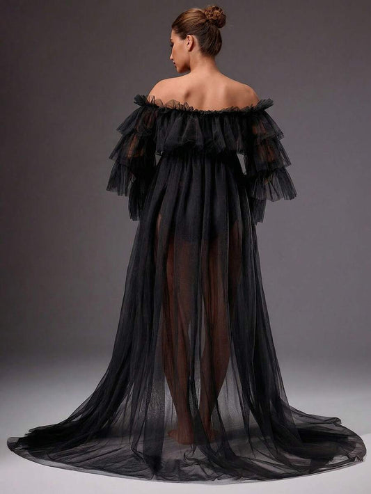 MaterniChic Pregnant Women's Elegant Mesh Sheer Off Shoulder Frill Trim Dress, Summer