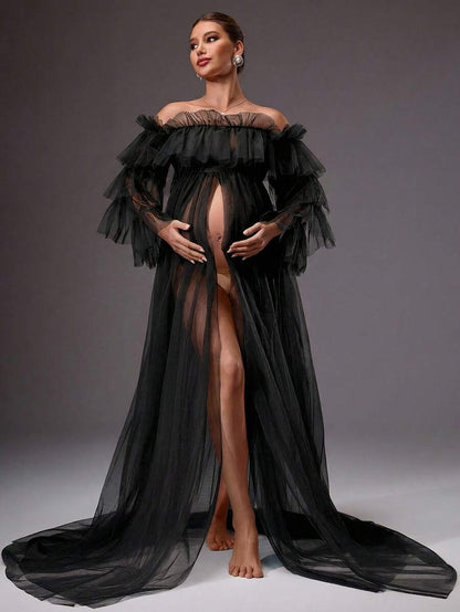 MaterniChic Pregnant Women's Elegant Mesh Sheer Off Shoulder Frill Trim Dress, Summer