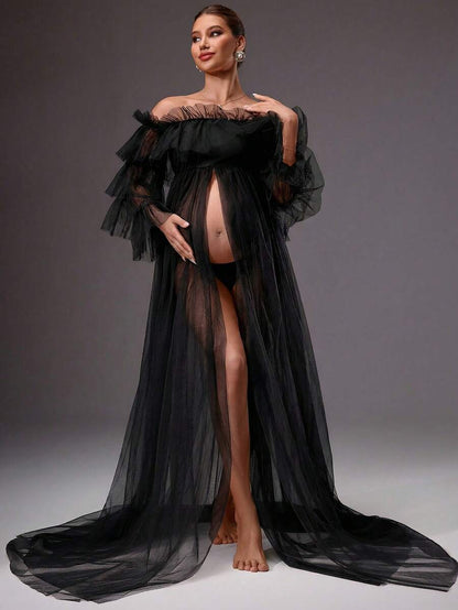 MaterniChic Pregnant Women's Elegant Mesh Sheer Off Shoulder Frill Trim Dress, Summer