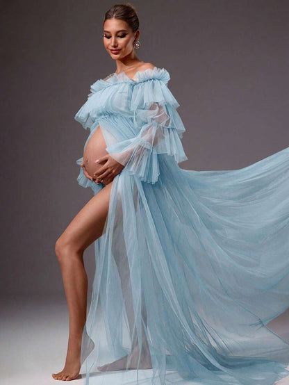 MaterniChic Pregnant Women's Elegant Mesh Sheer Off Shoulder Frill Trim Dress, Summer