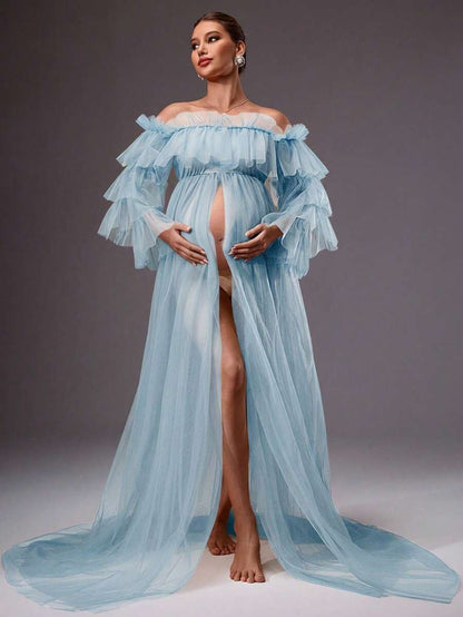 MaterniChic Pregnant Women's Elegant Mesh Sheer Off Shoulder Frill Trim Dress, Summer