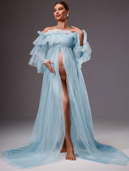 MaterniChic Pregnant Women's Elegant Mesh Sheer Off Shoulder Frill Trim Dress, Summer
