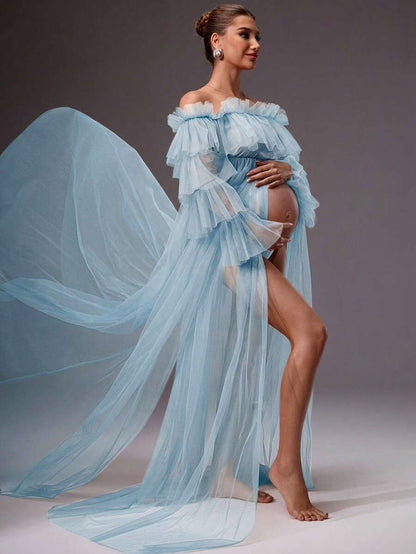 MaterniChic Pregnant Women's Elegant Mesh Sheer Off Shoulder Frill Trim Dress, Summer