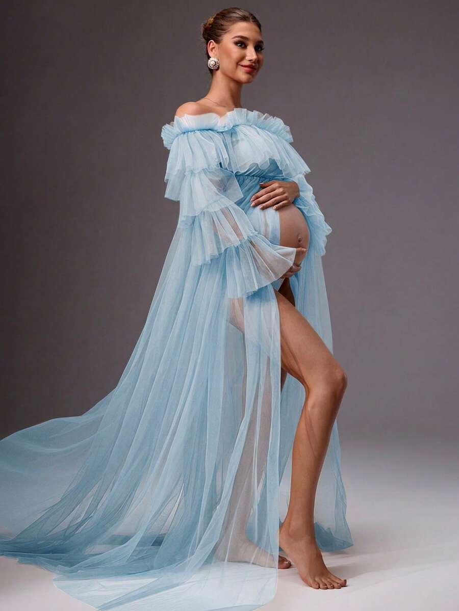 MaterniChic Pregnant Women's Elegant Mesh Sheer Off Shoulder Frill Trim Dress, Summer