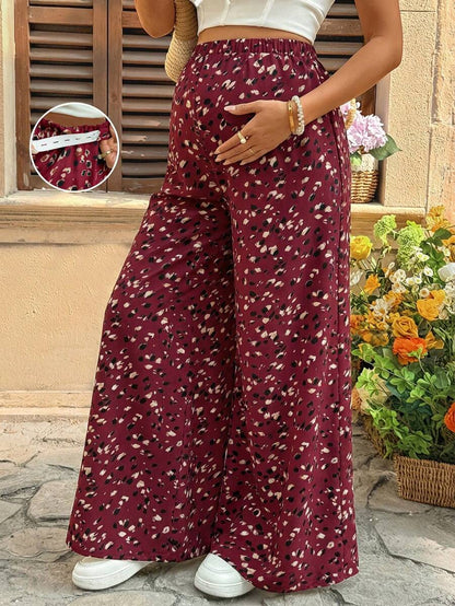 Burgundy Boho Allover Print Maternity Palazzo Pants - Adjustable Ultra High Waist Wide Leg Trousers - Loose Fit Long Woven Vacation Pants