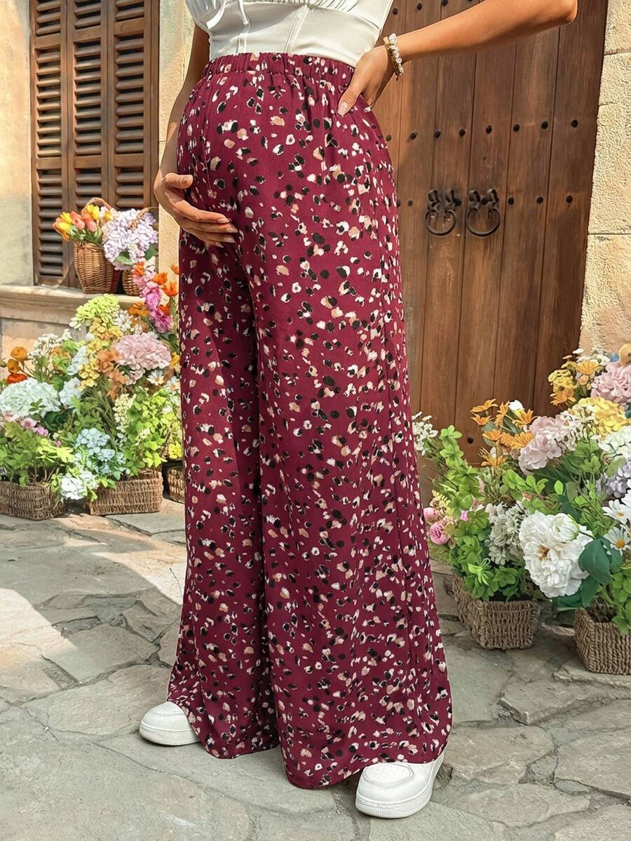 Burgundy Boho Allover Print Maternity Palazzo Pants - Adjustable Ultra High Waist Wide Leg Trousers - Loose Fit Long Woven Vacation Pants