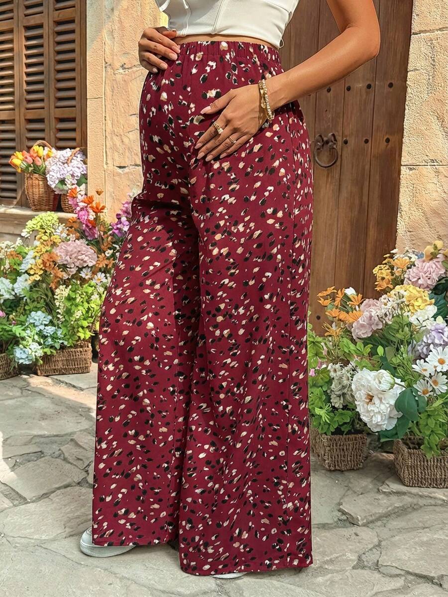 Burgundy Boho Allover Print Maternity Palazzo Pants - Adjustable Ultra High Waist Wide Leg Trousers - Loose Fit Long Woven Vacation Pants