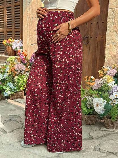 Burgundy Boho Allover Print Maternity Palazzo Pants - Adjustable Ultra High Waist Wide Leg Trousers - Loose Fit Long Woven Vacation Pants