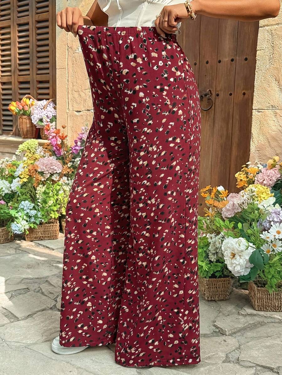 Burgundy Boho Allover Print Maternity Palazzo Pants - Adjustable Ultra High Waist Wide Leg Trousers - Loose Fit Long Woven Vacation Pants
