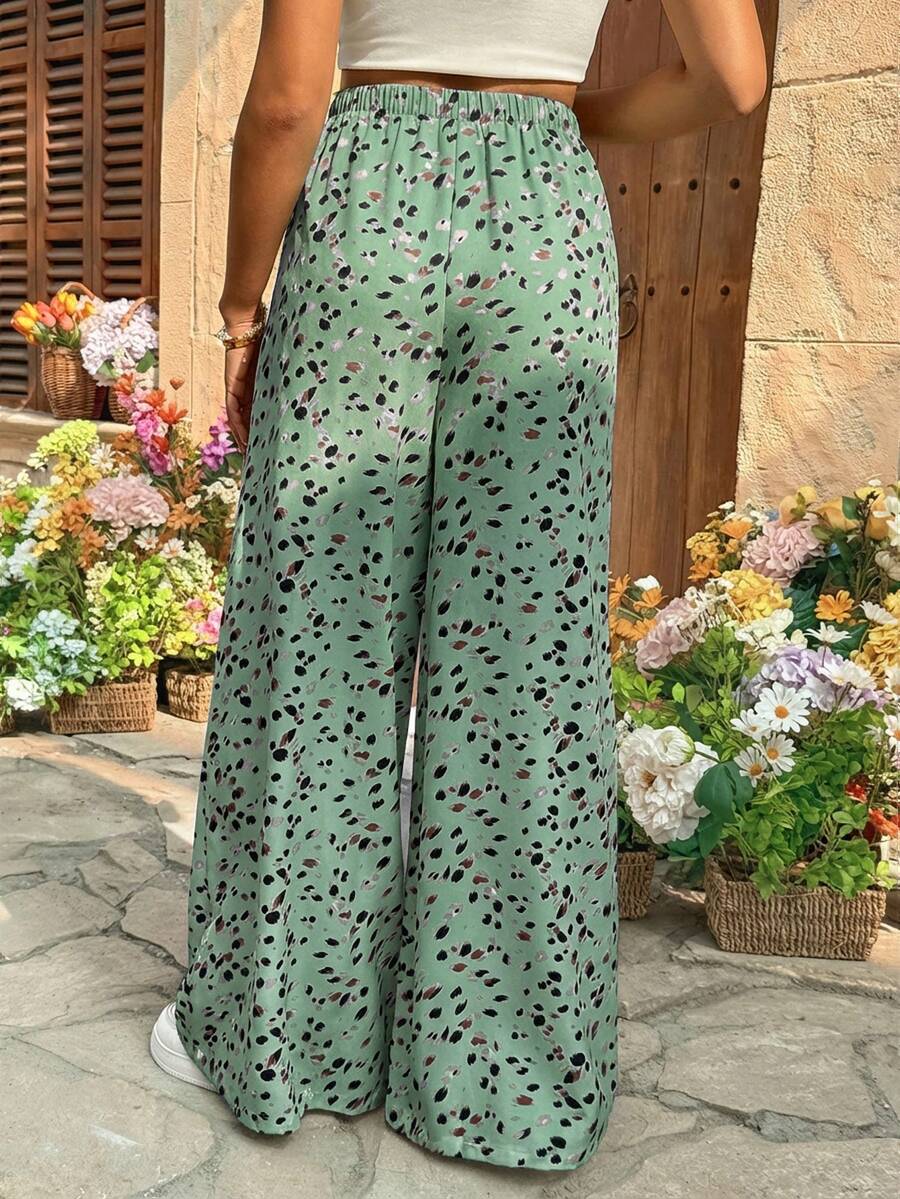 Burgundy Boho Allover Print Maternity Palazzo Pants - Adjustable Ultra High Waist Wide Leg Trousers - Loose Fit Long Woven Vacation Pants