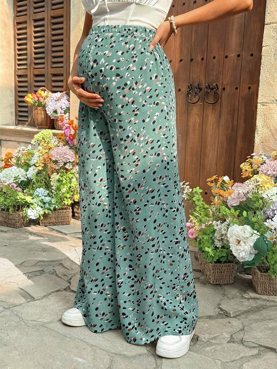 Leopard Print Wide Leg Maternity Pants Ultra High Waist Loose Fit Apricot Boho Flowy Long Trousers for Pregnancy Casual Vacation