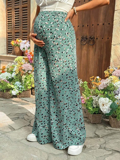 Burgundy Boho Allover Print Maternity Palazzo Pants - Adjustable Ultra High Waist Wide Leg Trousers - Loose Fit Long Woven Vacation Pants
