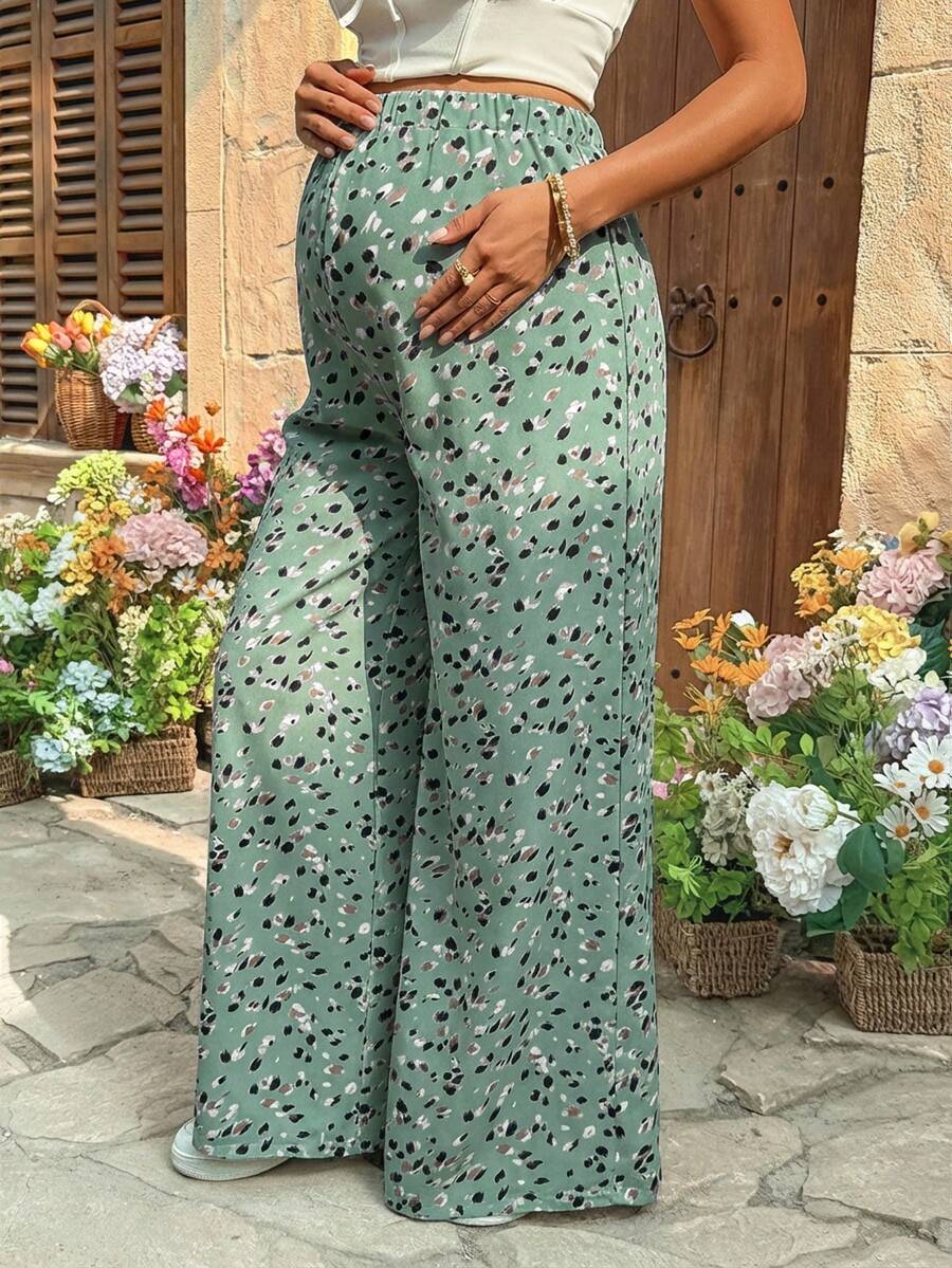 Leopard Print Wide Leg Maternity Pants Ultra High Waist Loose Fit Apricot Boho Flowy Long Trousers for Pregnancy Casual Vacation