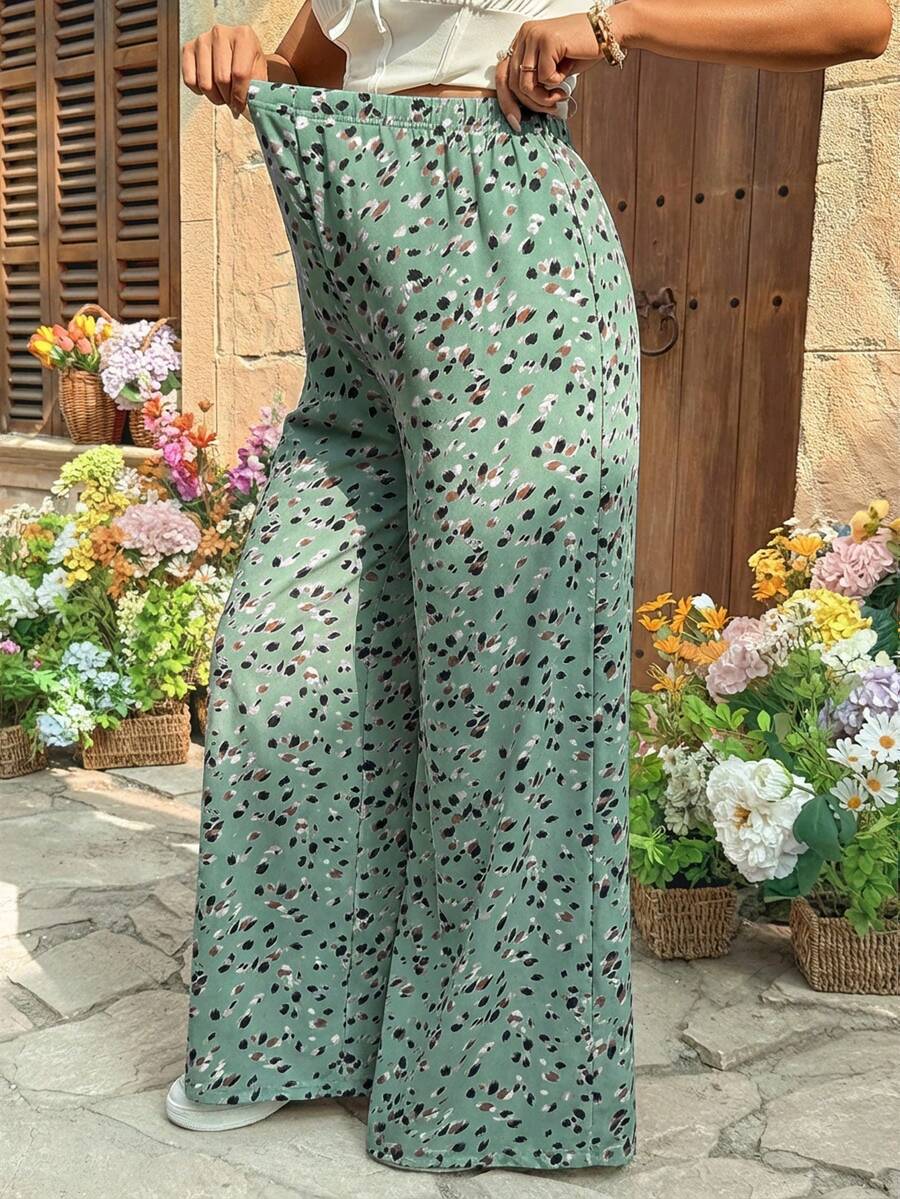Leopard Print Wide Leg Maternity Pants Ultra High Waist Loose Fit Apricot Boho Flowy Long Trousers for Pregnancy Casual Vacation
