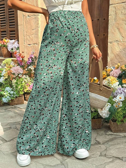 Leopard Print Wide Leg Maternity Pants Ultra High Waist Loose Fit Apricot Boho Flowy Long Trousers for Pregnancy Casual Vacation