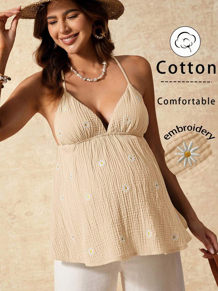 Apricot Boho Maternity Cami - Textured Floral Embroidery Spaghetti Strap Vacation Top with Backless Detail