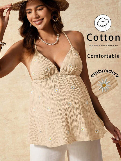 Apricot Boho Maternity Cami - Textured Floral Embroidery Spaghetti Strap Vacation Top with Backless Detail