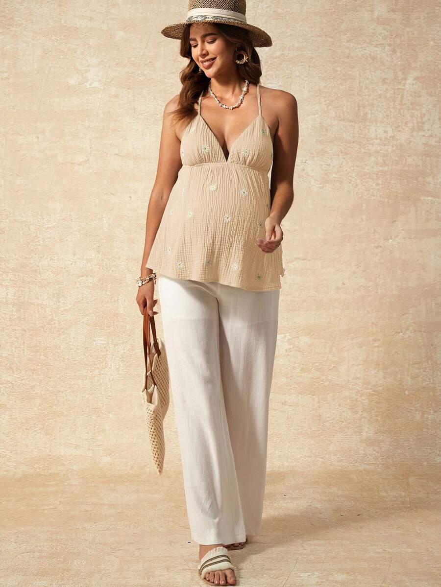 Apricot Boho Maternity Cami - Textured Floral Embroidery Spaghetti Strap Vacation Top with Backless Detail