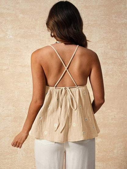 Apricot Boho Maternity Cami - Textured Floral Embroidery Spaghetti Strap Vacation Top with Backless Detail