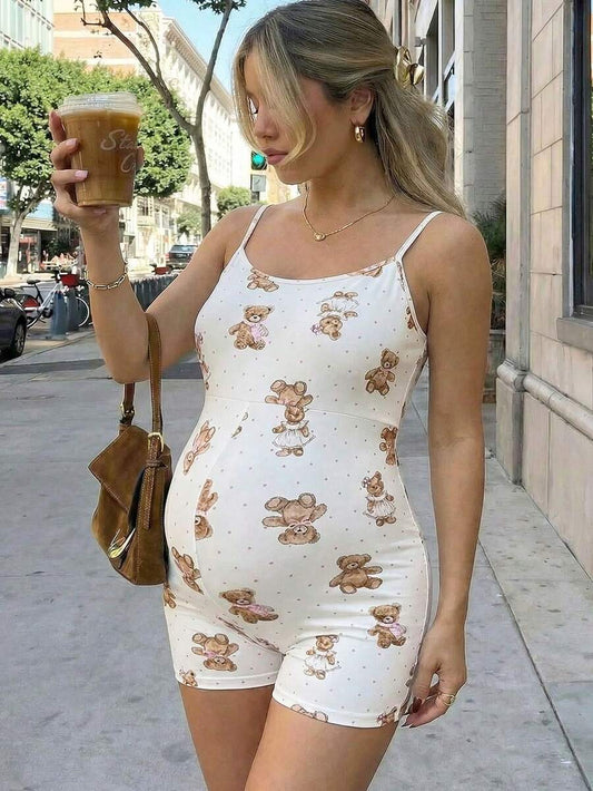 Maternity Summer Casual Polka Dot Bear Print Sleeveless Jumpsuit Cute