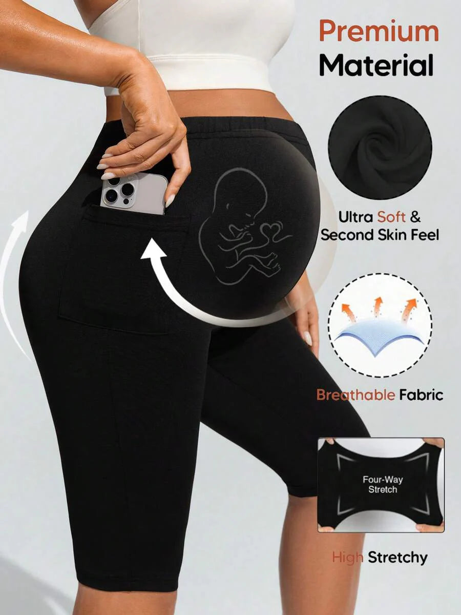 Navy Blue Ultra High Waist Maternity Leggings - Solid Color Elastic Waist Bermuda Shorts - Comfortable Medium Stretch Daily Activewear
