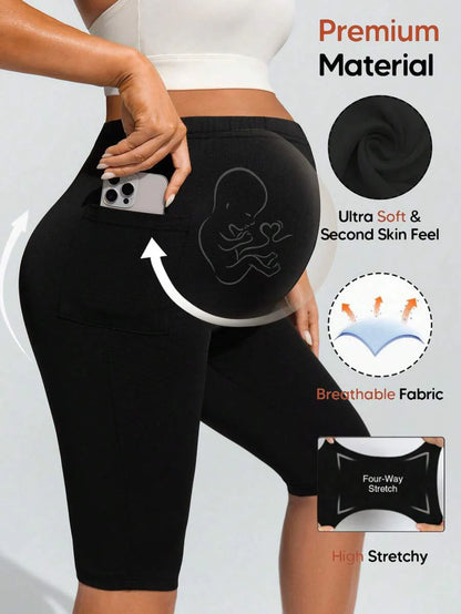 Navy Blue Ultra High Waist Maternity Leggings - Solid Color Elastic Waist Bermuda Shorts - Comfortable Medium Stretch Daily Activewear