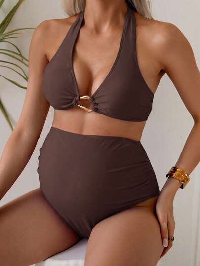 Maternity Halter Bikini Set - Solid Stretch Comfortable Summer Beach Vacation, Mom To Be