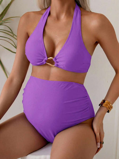 Maternity Halter Bikini Set - Solid Stretch Comfortable Summer Beach Vacation, Mom To Be