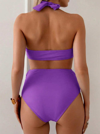 Maternity Halter Bikini Set - Solid Top Triangle Bottom Two Piece Beach Resort, Mom To Be