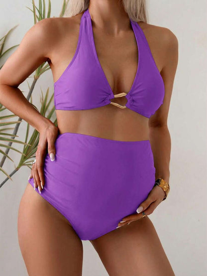 Maternity Halter Bikini Set - Solid Top Triangle Bottom Two Piece Beach Resort, Mom To Be