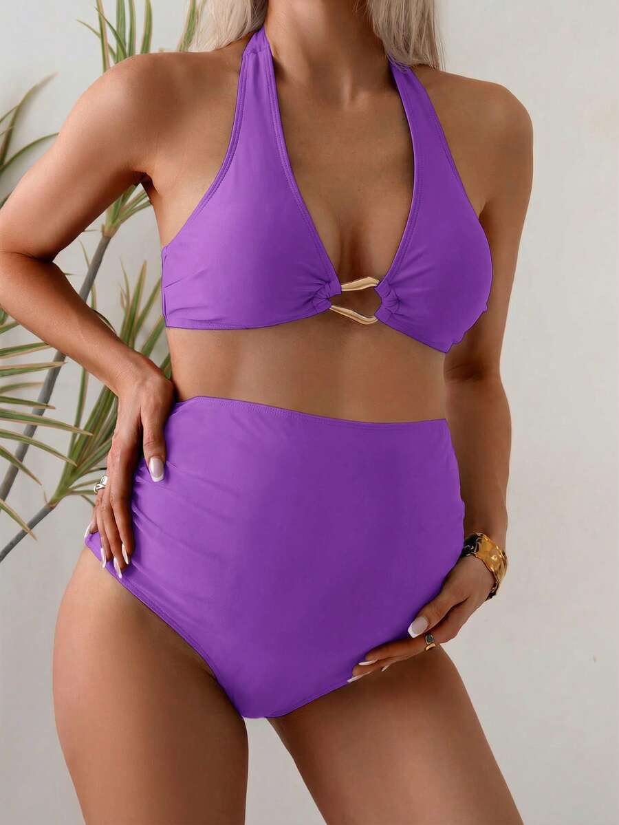 Maternity Halter Bikini Set - Solid Stretch Comfortable Summer Beach Vacation, Mom To Be