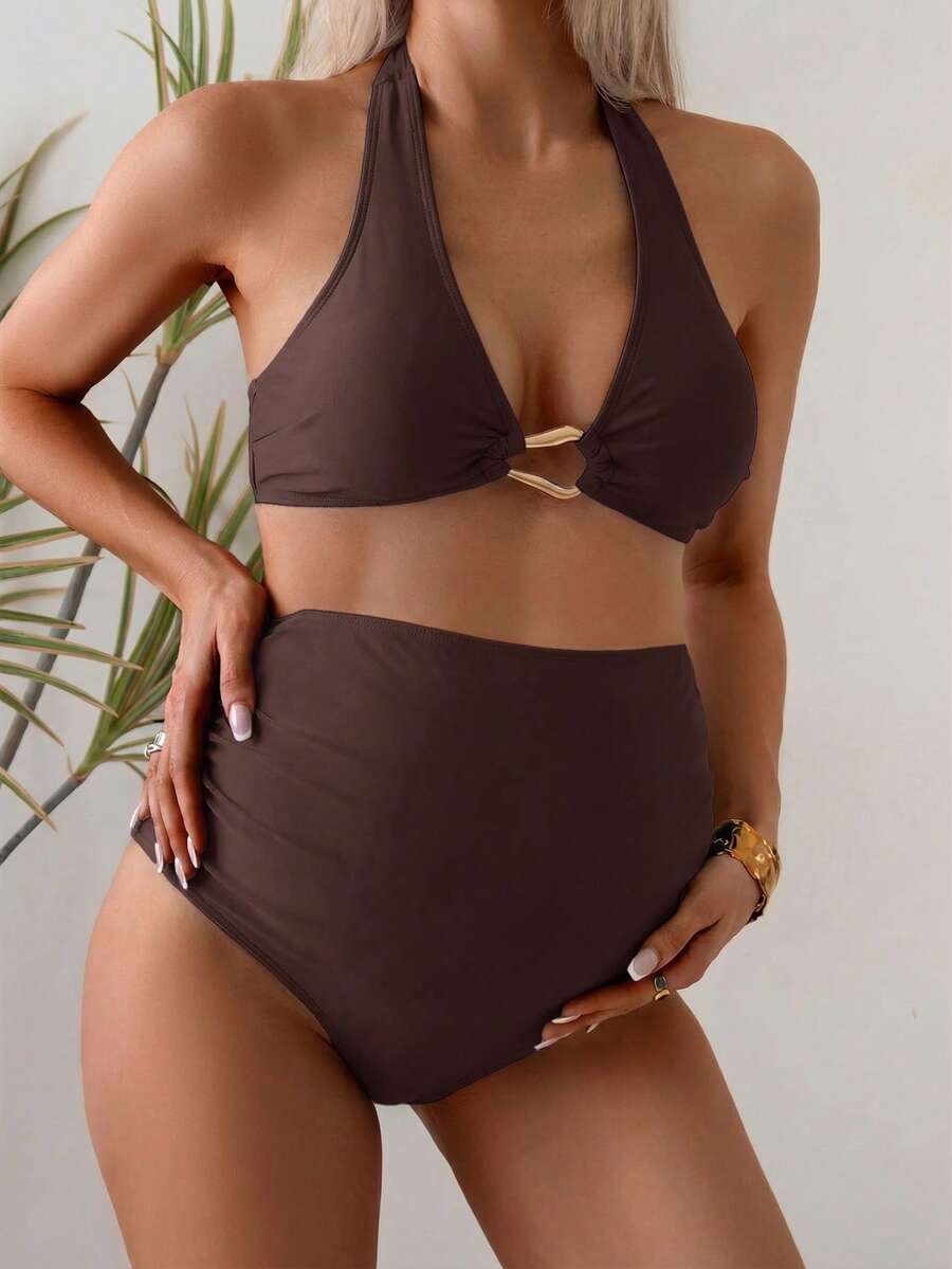 Maternity Halter Bikini Set - Solid Stretch Comfortable Summer Beach Vacation, Mom To Be