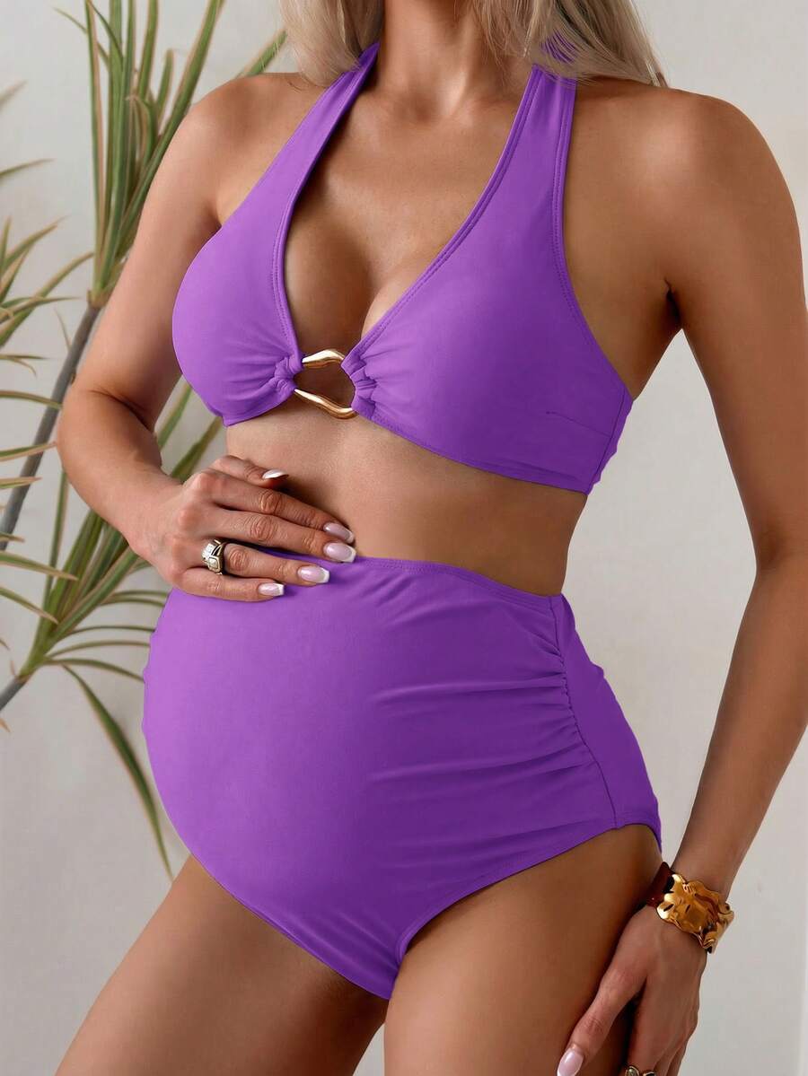 Maternity Halter Bikini Set - Solid Stretch Comfortable Summer Beach Vacation, Mom To Be