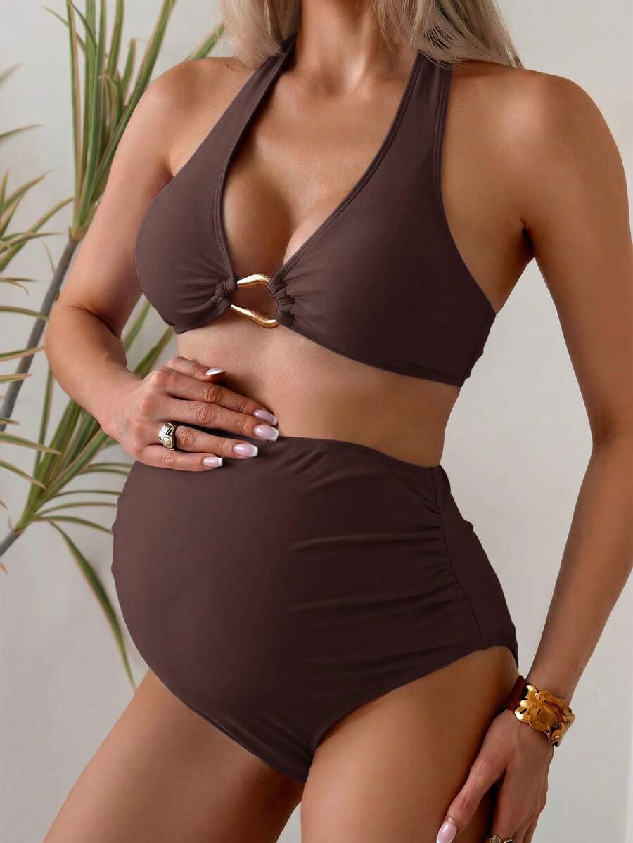 Maternity Halter Bikini Set - Solid Stretch Comfortable Summer Beach Vacation, Mom To Be