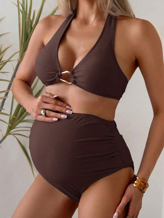 Maternity Halter Bikini Set - Solid Stretch Comfortable Summer Beach Vacation, Mom To Be