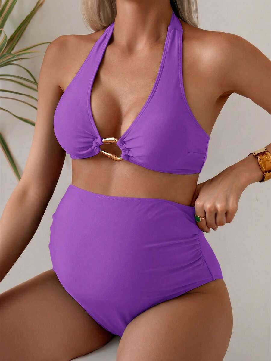 Maternity Halter Bikini Set - Solid Top Triangle Bottom Two Piece Beach Resort, Mom To Be