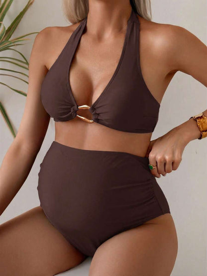 Maternity Halter Bikini Set - Solid Top Triangle Bottom Two Piece Beach Resort, Mom To Be