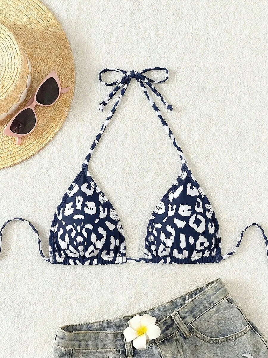 Swim Vcay 1pc Women's Leopard Print Halter Bikini Top For Summer Beach Vacation