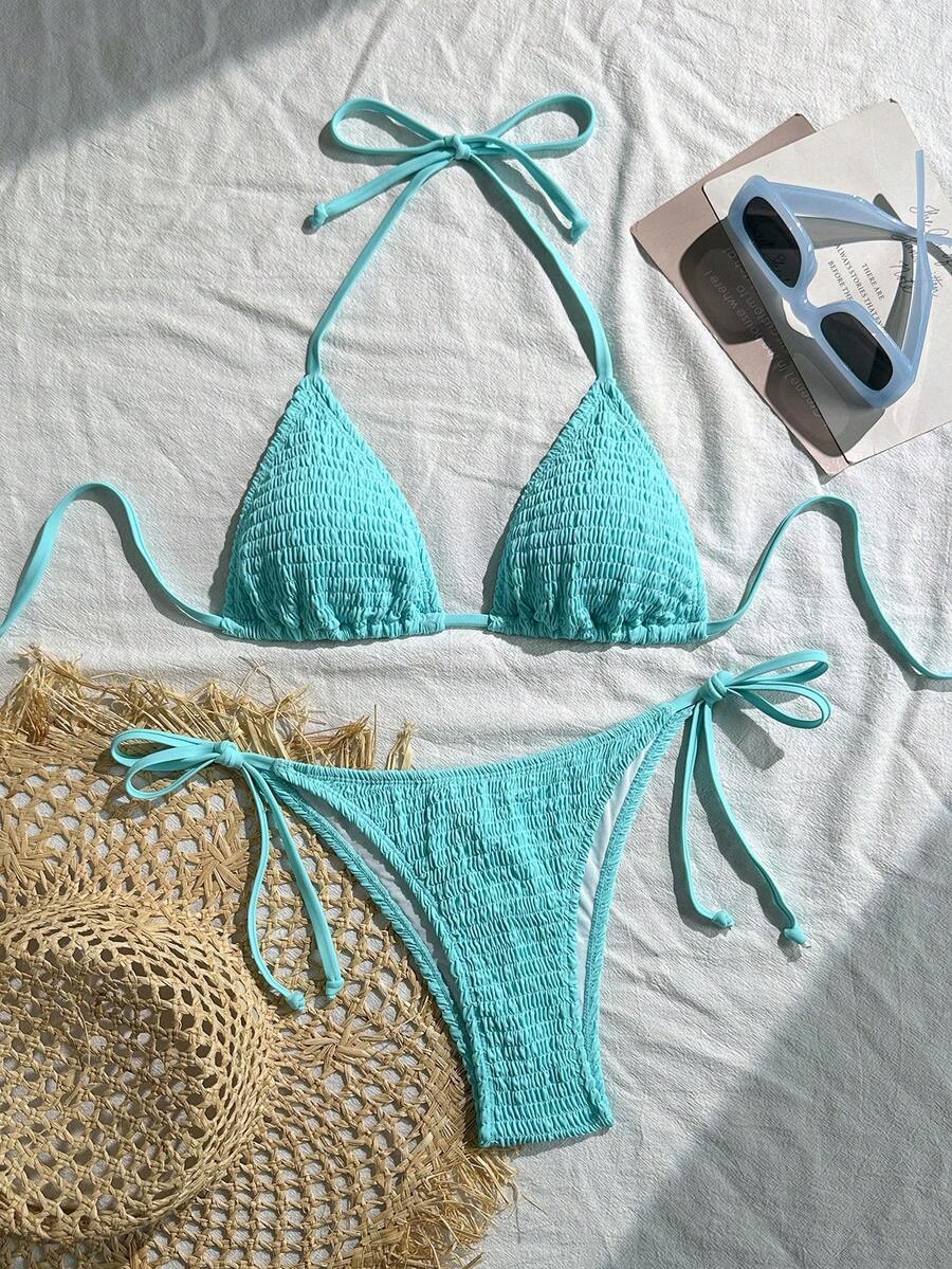 Swim Vcay Solid Color Halter Twist Bikini Two Pieces Swimwear, Suitable For Summer